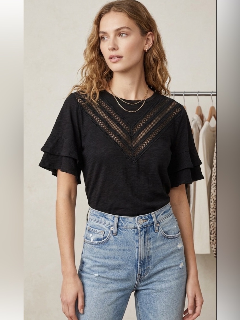 Express Womens Black Crochet Lace Chevron Ruffle Sleeve Slub Knit Top XS